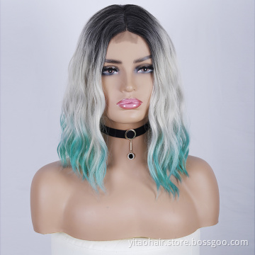 FZY Wholesale Price Good Omens Cosplay Black Roots  gray teal green three tones Ombre color Synthetic hair  lace Wigs Vendor